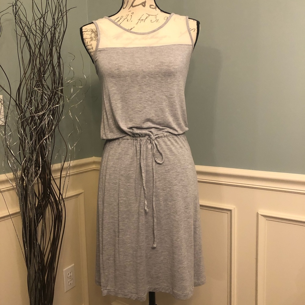 Grey Sleeveless Dress with tie waist/white mesh upper